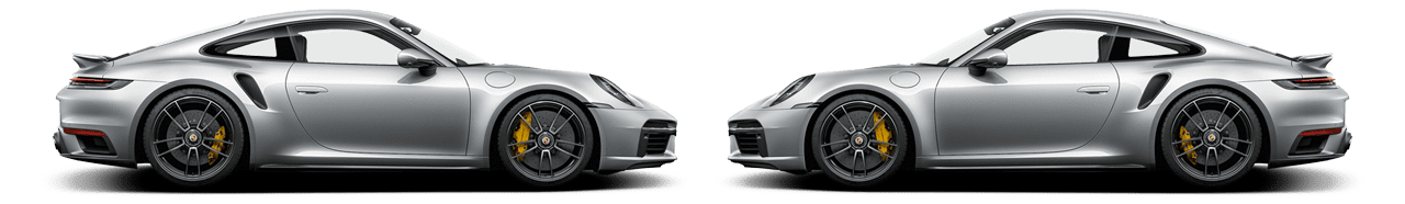 Two 2024 Porsche 911 Turbo S parked nose to nose