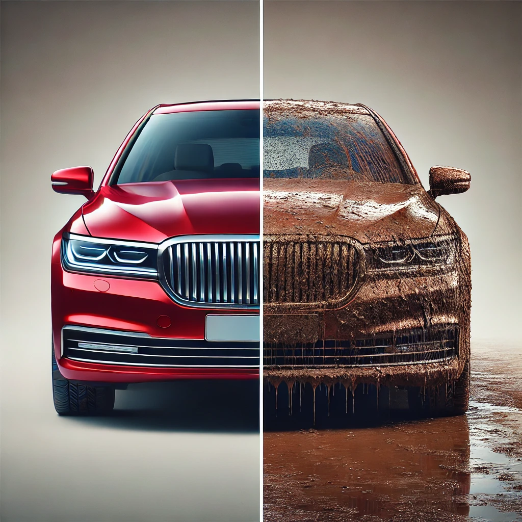 A red luxury car shown straight-on from the front. The left half of the vehicle is immaculately clean, polished, and shiny, reflecting light beautiful