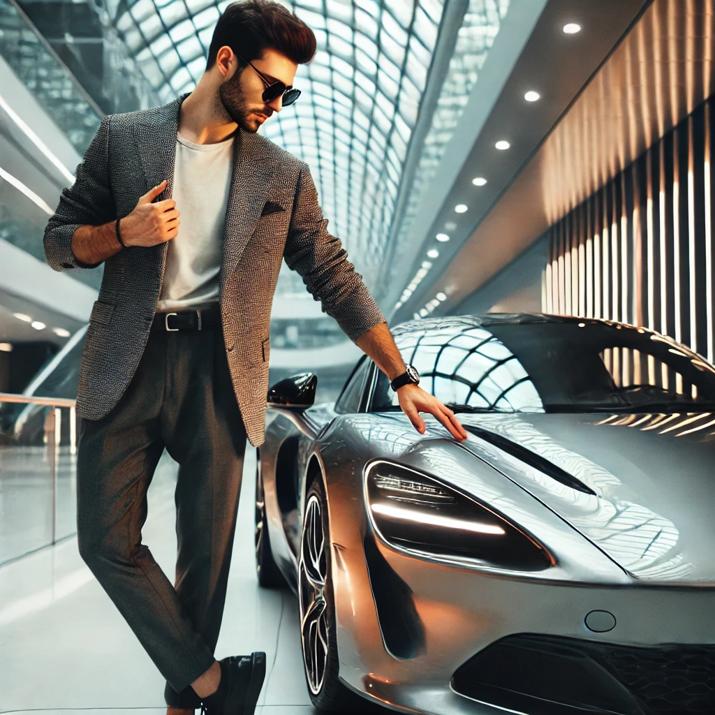 A stylish man with a modern outfit, wearing sunglasses, standing beside an expensive, shiny sports car. He is touching the car lovingly, with one hand