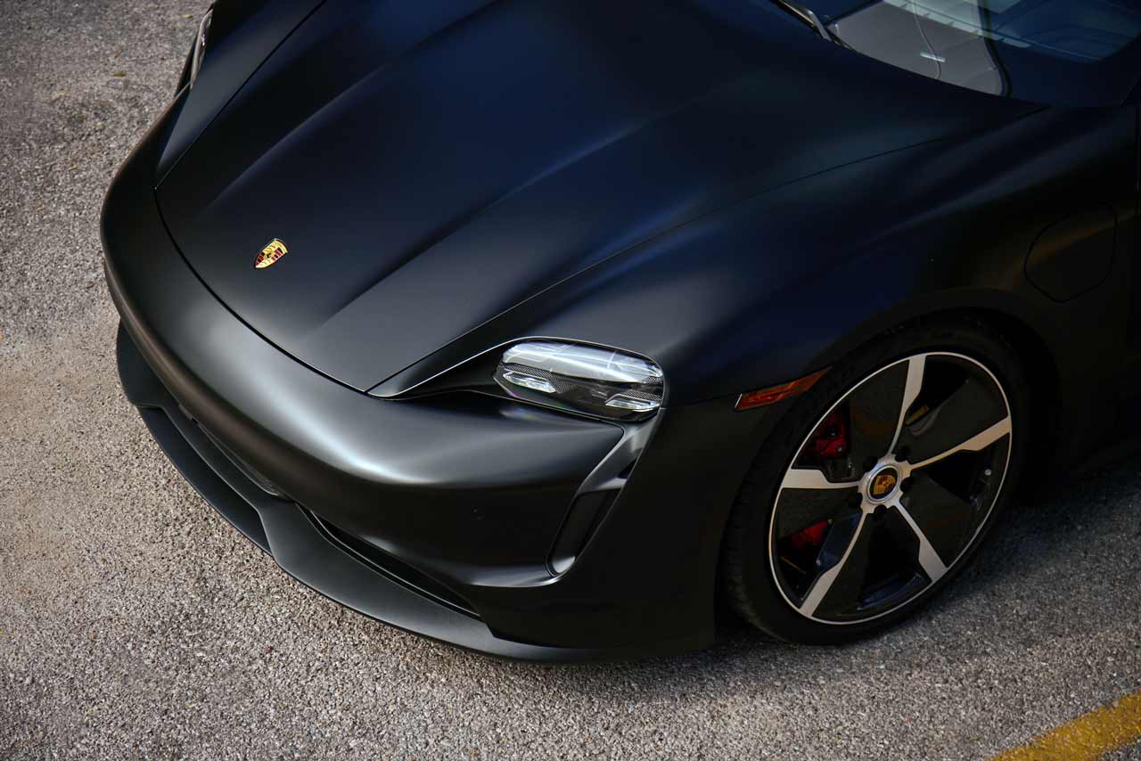 The front end of a Porsche from above, showing Matte PPC