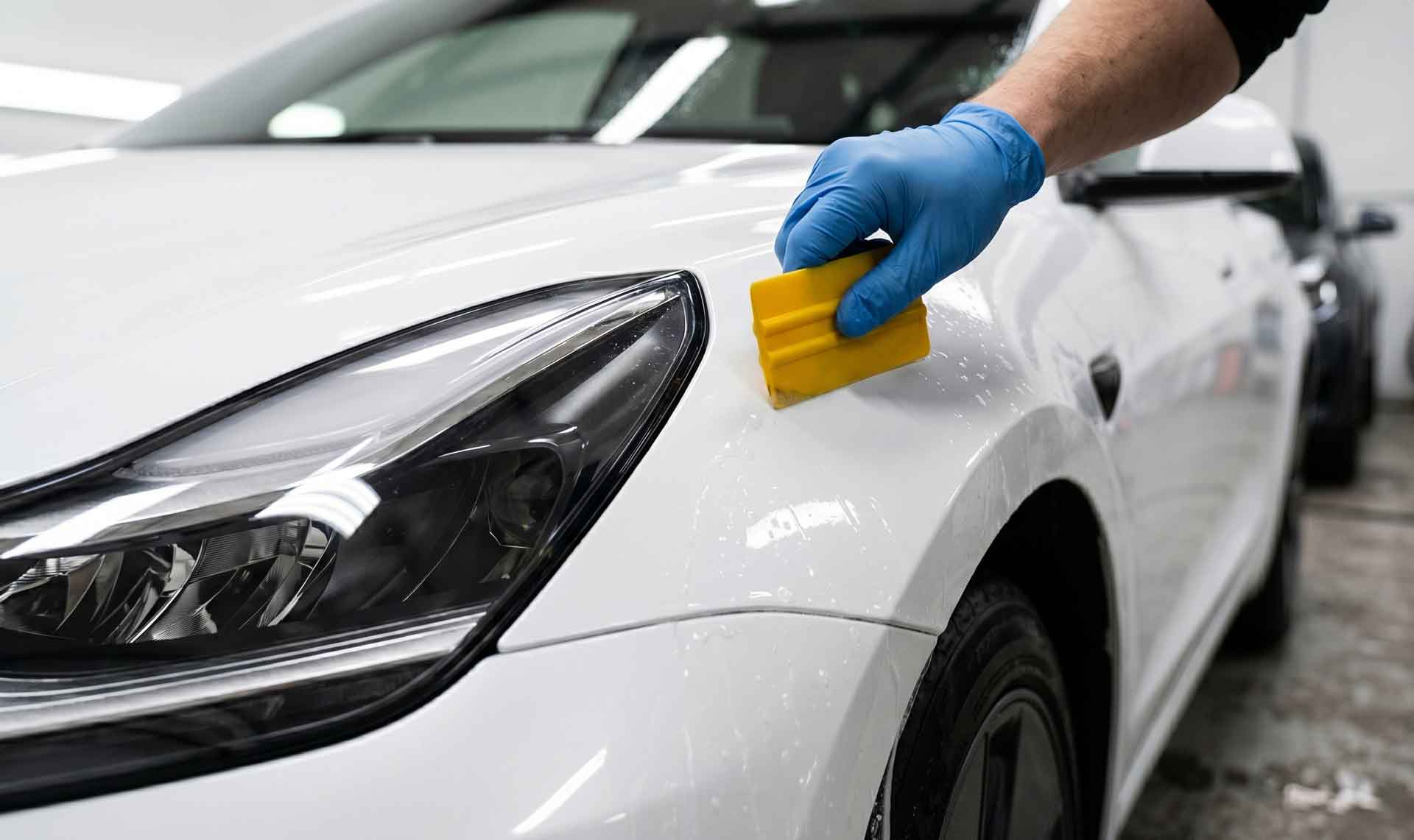 Close-up of PPF installation on a Tesla