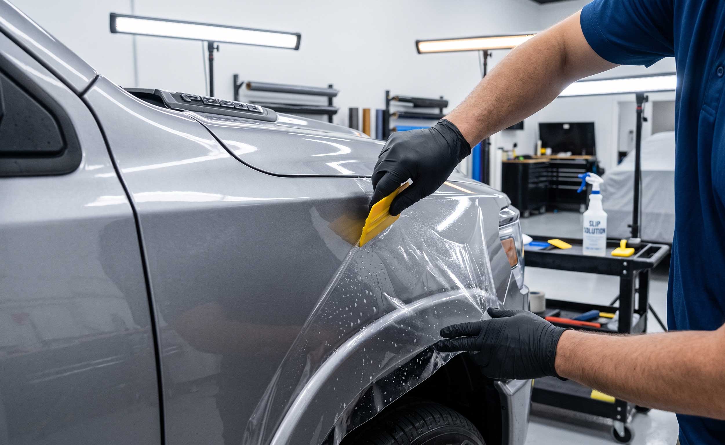 an image of a technician applying paint protection film to a late model pickup truck